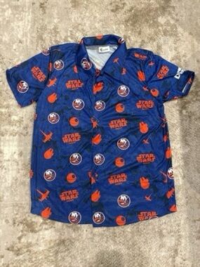 Star Wars / NY Islanders Short-Sleeve Button Down Hawaiian Shirt - Blue/Orange